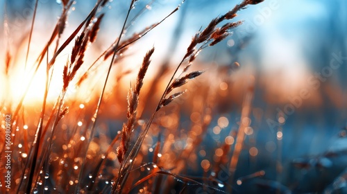 A tranquil landscape showcasing grass with sparkling dew illuminated by a breathtaking sunset, capturing the serene beauty of nature and evoking peaceful emotions.