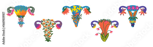 Healthy Female Reproductive System with Bright Flowers and Plant Vector Set