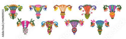 Healthy Female Reproductive System with Bright Flowers and Plant Vector Set