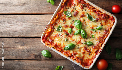 Delicious baked lasagna topped with fresh basil