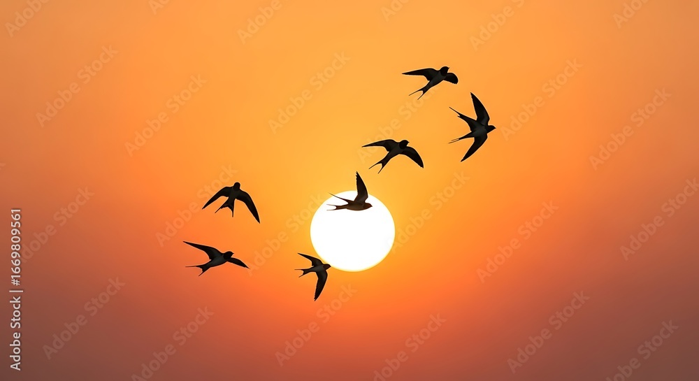 Fototapeta premium Silhouette of birds in flight at sunset.