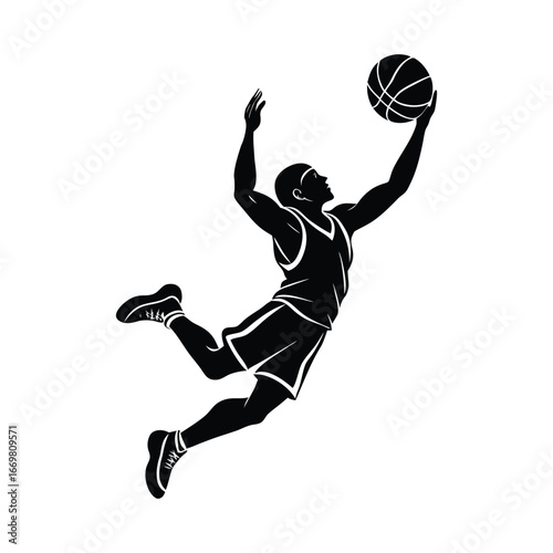 Dynamic silhouette of a basketball player soaring for a slam dunk