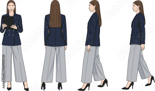 Business woman fashion illustration, professional office outfit, female model in suit, modern style design, corporate attire vector, elegant clothing template