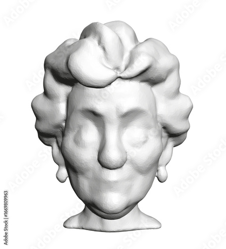 Stylized polygonal 3D model of a granny's head with curly hair, rendered in white for a realistic sculpture look.