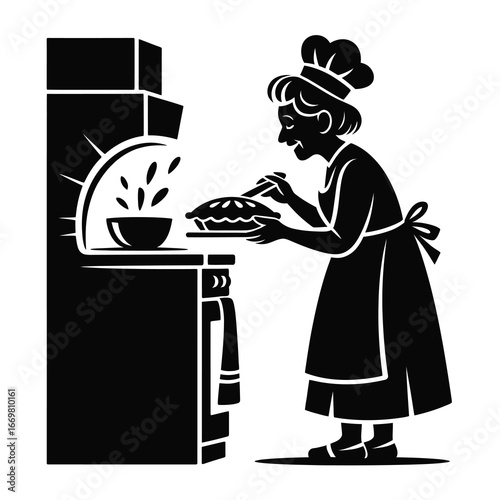 Baker woman placing pie in vintage oven skilled chef preparing delicious homemade dessert