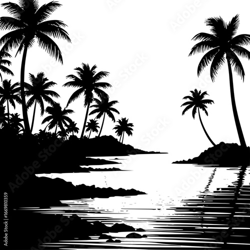 Silhouette of palm trees on a tropical island with water reflections