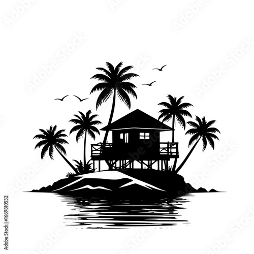 Silhouette of island with hut palm trees and birds against white sky