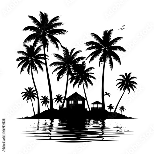 Silhouette of a tropical island with palm trees and a small building
