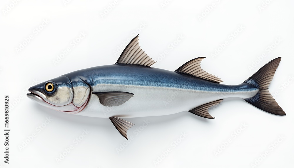 Obraz premium Sleek blue and silver fish with detailed fins and yellow eye marine life seafood