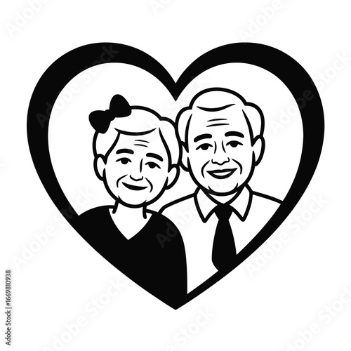 Happy elderly couple embraced in heart symbol celebrating enduring love and joyful togetherness