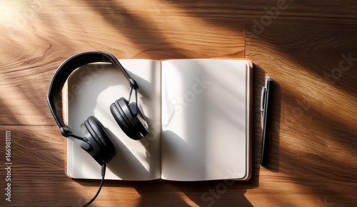 Open notebook with black headphones and pen on a wooden desk with dappled sunlight