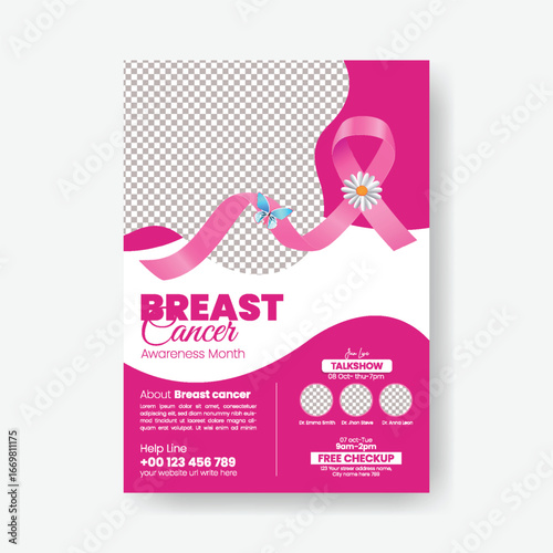 Breast Cancer Awareness Month Flyer and Poster Template, Women Health Charity Event, Pink Ribbon, Brochure and Leaflet Design for Campaign and Awareness Promotion
