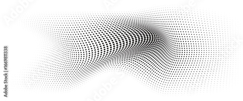 Flowing Wave Dot Halftone Pattern: Curve Gradient Shape on Transparent Background. Suitable for AI, Tech, Network, Digital, Science, and Technology Themes.