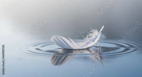 A soft and white feather of a bird gloating on clear water like a boat 