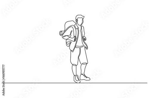 Continuous one line drawing of Young man with backpack. Single line drawing illustration of Man person with backpack. Student concept vector art. Doodle line illustration.