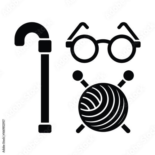 Iconic symbols of senior life cane glasses yarn and knitting needles representing old age and hobbies