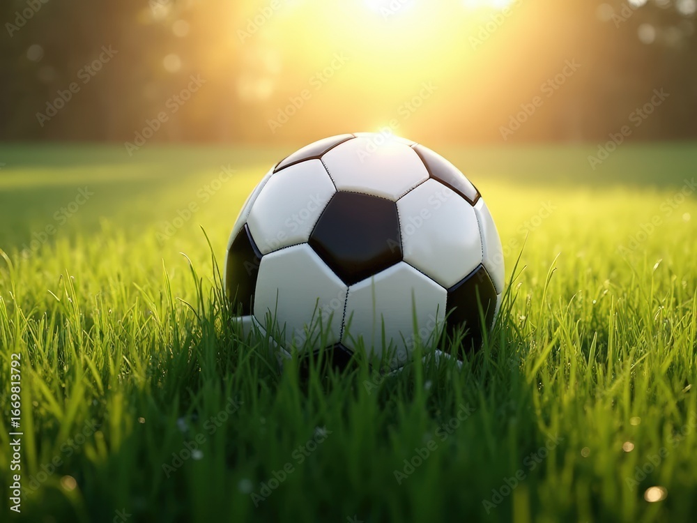 Fototapeta premium Black and white football resting on green grass under sunlight