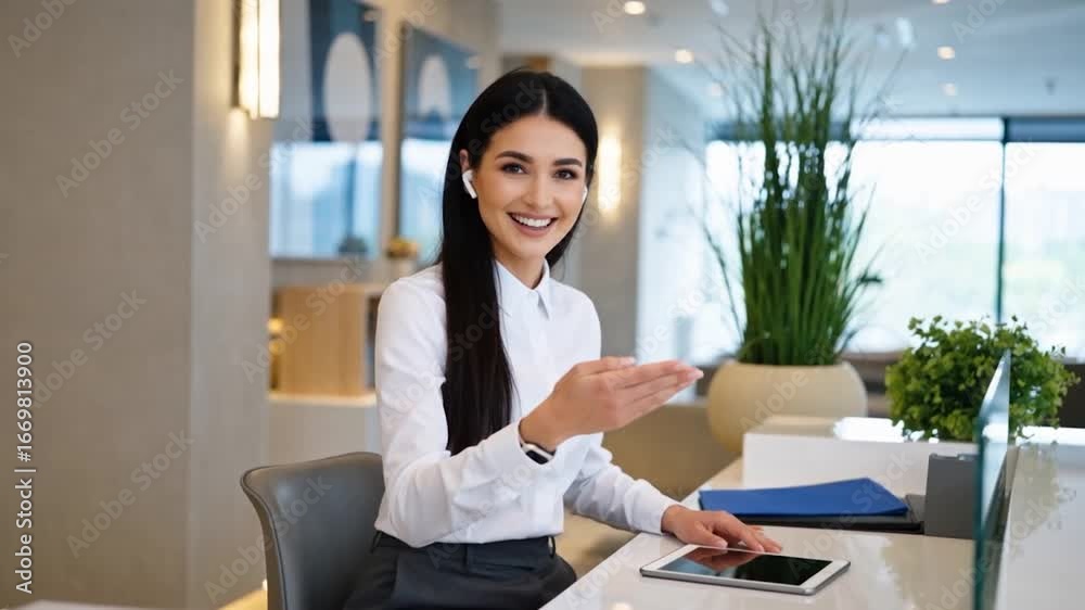 Belle femme souriante travaillant dans un bureau moderne.