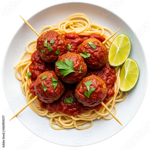 Spaghetti and meatballs with lime wedges isolated on transparent background