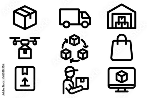 Box delivery and logistics icons representing modern shipping methods and processes in a simple design