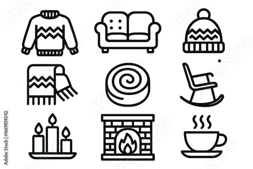 Cozy indoor winter essentials featuring a sweater, hat, sofa, and more for a warm atmosphere