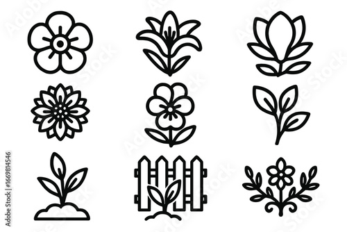 Colorful floral designs featuring various flower types and a garden fence in a flat style