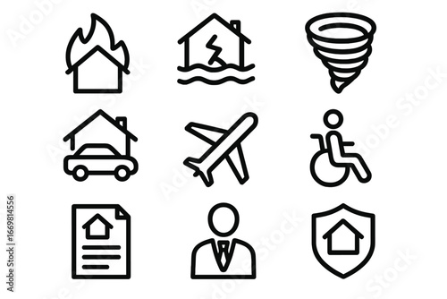 Emergency preparedness symbols illustrating various natural disasters and emergency situations