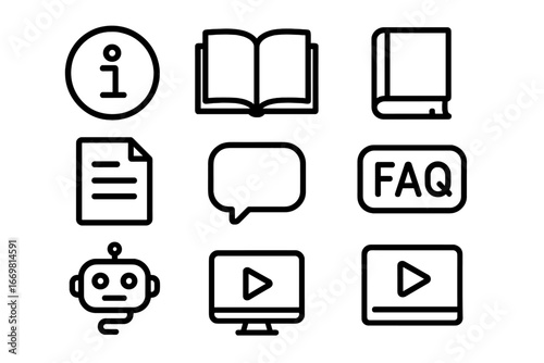 Icons representing information sources, communication methods, and digital content formats relevant to user assistance