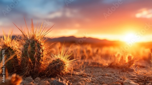 An awe-inspiring image of cacti silhouetted against a breathtaking sunset, capturing the serene beauty of the desert landscape at dusk.