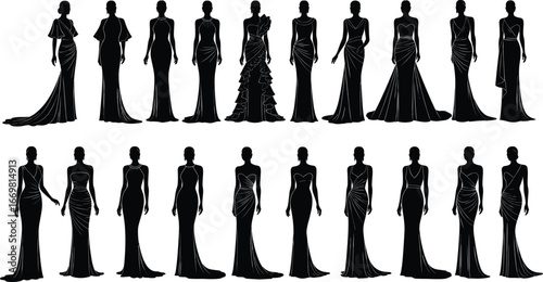 Elegant evening dress silhouette, fashion gown design, stylish women clothing vector, glamorous couture illustration, black dress artwork, luxury fashion concept