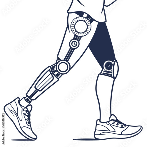 Minimilist illustration showing a person with a prosthetic leg wearing a running shoe in motion forward view vector