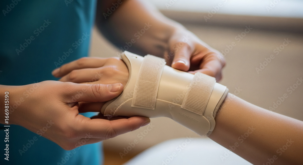 Obraz premium A healthcare professional carefully secures a wrist brace onto a patient's arm, providing support and aiding recovery from injury.