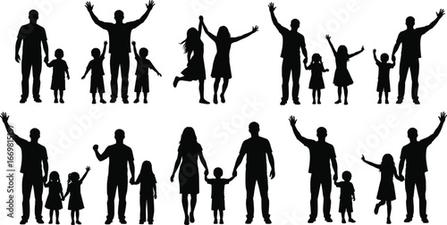 Family silhouette illustration, parents with children, happy family concept, father mother kids together, unity and love, parenting vector artwork