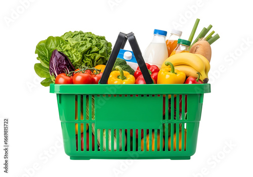 Green grocery basket full of fresh fruits and vegetables isolated on transparent background