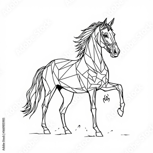 Minimilist geometric horse illustration in black and white featuring a rearing pose with detailed line work design vector