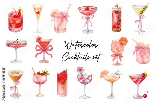 SET OF WATERCOLOR PINK COQUETTE COCKTAILS GLASSES - VECTOR ELEMENTS ISOLATED ON TRANSPARENT BACKGROUND