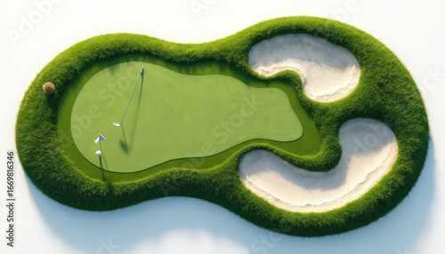Aerial view of golf course section featuring putting green, sand bunkers, manicured grass. Simple style illustration with white accent, isolated on clean white background. Ideal for sport, leisure,