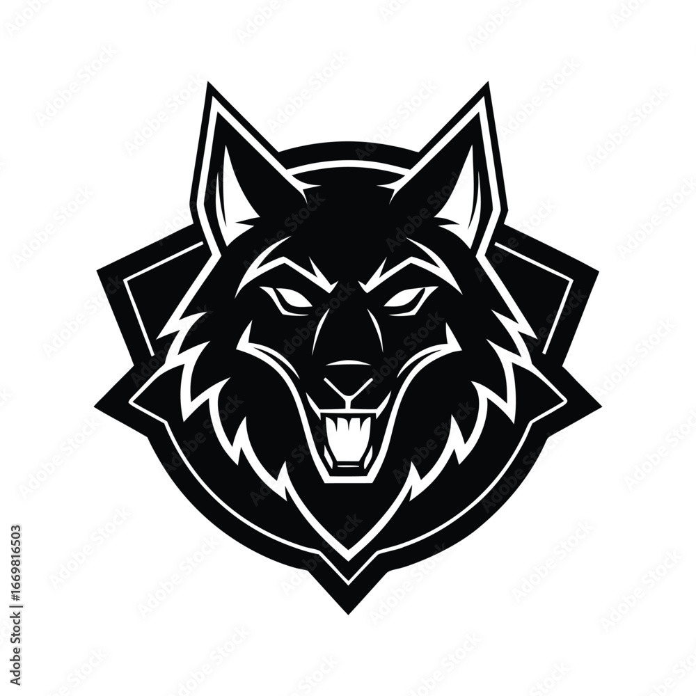 Fototapeta premium Fierce black wolf head emblem with sharp teeth and intense eyes