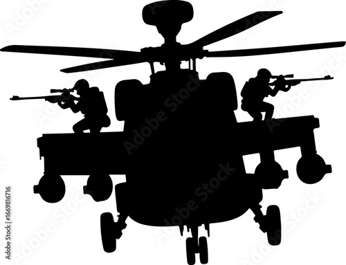 "Military Helicopter Silhouette with Armed Soldier"

"Combat Chopper Vector with Soldier Illustration"

"War Helicopter and Soldier Silhouette Design