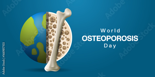 October 20th is World Osteoporosis Day. Earth, osteoporosis and bone. Suitable for posters, banners and social media. Blue background.