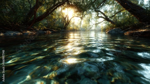 A serene view of a tranquil stream, with gentle ripples reflecting the golden hues of the early morning light filtering through lush foliage, creating a peaceful atmosphere.