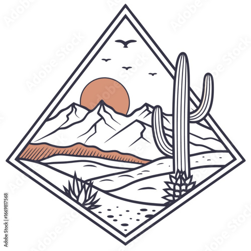 Minimilist illustration of desert landscape with cactus mountains sun and birds in diamond frame design element vector
