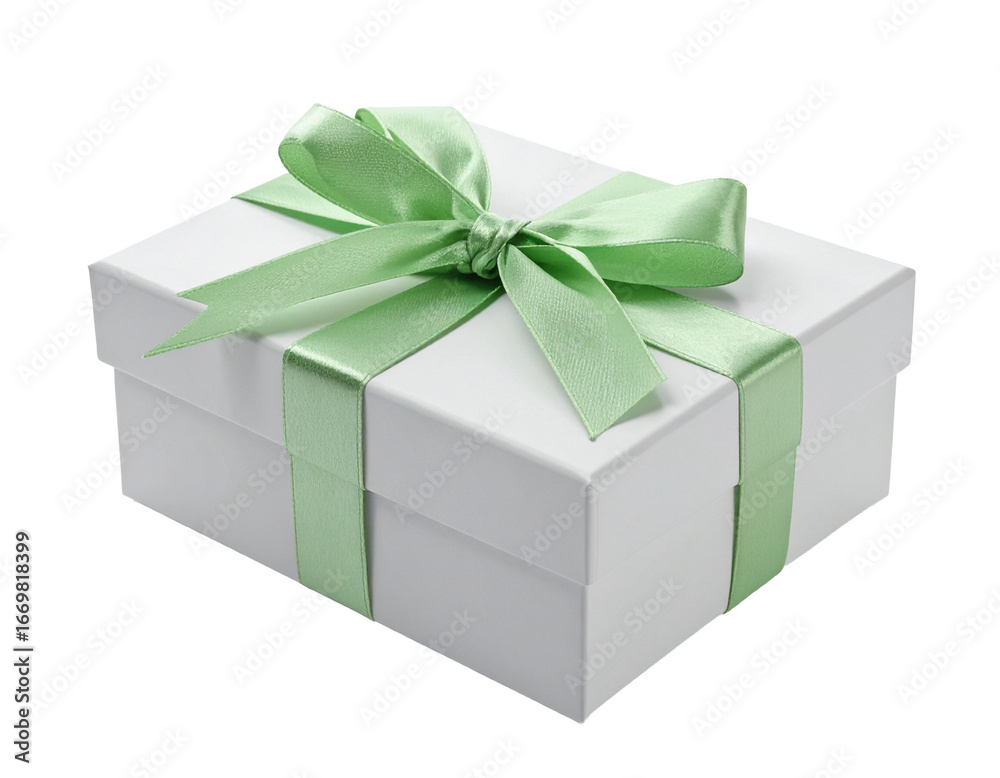 Fototapeta premium Green gift box with a green ribbon and bow isolated on white background.