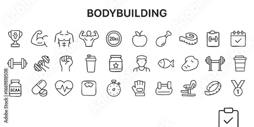 a set of outline icons related to bodybuilding. Vector on a gray background