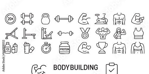 a set of outline icons related to bodybuilding. Vector on a gray background