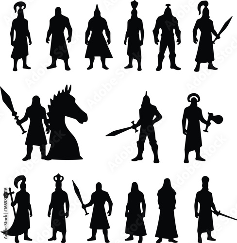 Warrior silhouette collection, medieval fighter icons, fantasy battle poses, weapon illustrations, knight figures, ancient combat design, heroic character clipart