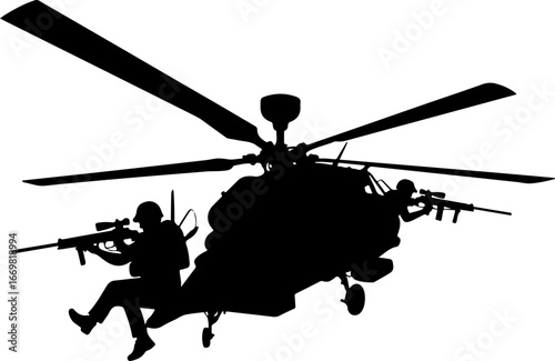 "Military Helicopter Silhouette with Armed Soldier"

"Combat Chopper Vector with Soldier Illustration"

"War Helicopter and Soldier Silhouette Design"