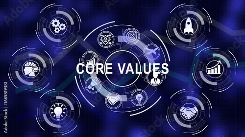 Core values illustrated through icons on a digital blue background