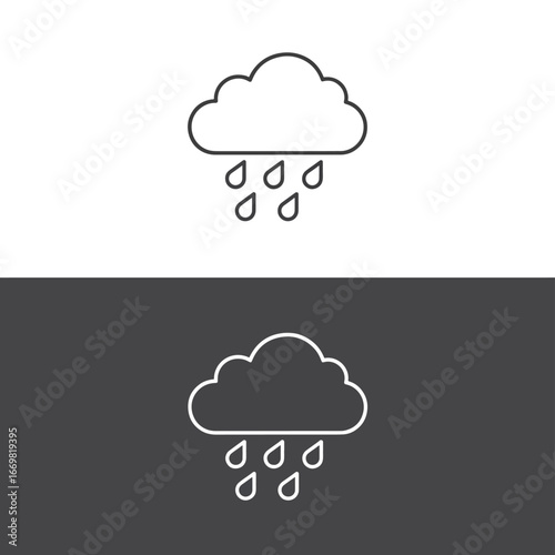 Two simple line drawings of a cloud with raindrops, one on a white background and one on a black background.