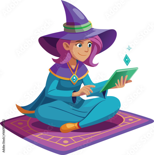 Young witch using a tablet computer on a magic carpet